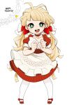  1girl :d absurdres apron blonde_hair bright_pupils choker food-themed_hair_ornament frilled_apron frills green_eyes hair_ornament highres japan long_hair nobel_(nobel827) original personification puffy_short_sleeves puffy_sleeves short_sleeves smile solo strawberry_hair_ornament tochigi_prefecture twintails white_background white_pupils 