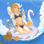  2girls absurdres air_bubble arm_up baseball_cap bikini black_bikini black_shirt blonde_hair blue_sky breasts bubble cloud day english_commentary food hael hair_ribbon halterneck hat highres holding holding_food holding_ice_cream ice_cream innertube inoue_takina long_sleeves looking_at_viewer lycoris_recoil multiple_girls navel nishikigi_chisato o-ring o-ring_bikini off_shoulder open_clothes open_mouth open_shirt outdoors red_ribbon ribbon rubber_duck shirt short_hair side-tie_bikini_bottom sky small_breasts smile solo_focus standing swimsuit wading white_headwear white_shirt yellow_eyes 