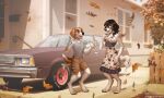  2022 anthro black_hair brown_body brown_fur canid canine canis car clothed clothing detailed_background domestic_dog duo female fur hair iskra leaf male mammal outside vehicle white_body white_fur 