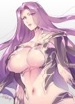  1girl areola_slip breasts fate/grand_order fate_(series) forehead gorgon_(fate) large_breasts long_hair looking_at_viewer medusa_(fate) midriff navel purple_eyes purple_hair redrop simple_background solo upper_body white_background 