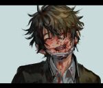  1boy black_hair blood blood_in_mouth blood_on_clothes blood_on_face blue_background blush collared_shirt commentary_request facing_viewer fangs gakuran grin hair_over_one_eye head_tilt highres letterboxed male_focus mameo_(kotsubuta) mask mask_pull messy_hair mouth_mask original popped_collar portrait school_uniform shirt short_hair simple_background smile solo surgical_mask white_shirt 