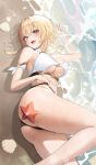  1girl :d absurdres ass atom_mtoa bare_shoulders beach blonde_hair blush genshin_impact highres looking_at_viewer lumine_(genshin_impact) lying on_side open_mouth sand seashell shell smile solo starfish thighs water wet yellow_eyes 