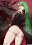  ass bare_shoulders black_dress brown_eyes c.c. code_geass detached_sleeves dress food_in_mouth from_below green_hair long_hair looking_back orphen_(pink_seito) twitter_username 