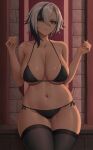  1girl alternate_costume arlecchino_(genshin_impact) ass_visible_through_thighs bare_shoulders bikini black_bikini black_eyes black_hair black_thighhighs breasts closed_mouth collarbone cowboy_shot genshin_impact grey_hair groin hair_between_eyes hands_up highleg highleg_bikini highres indoors large_breasts looking_at_viewer multicolored_hair navel pink_nails red_pupils short_hair side-tie_bikini_bottom skindentation solo standing streaked_hair string_bikini swimsuit symbol-shaped_pupils thick_thighs thighhighs thighs wide_hips x-shaped_pupils zaphn 