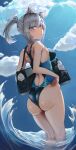  1girl absurdres animal_ear_fluff animal_ears ass black_one-piece_swimsuit blue_archive blue_eyes blue_sky breasts cloud commentary competition_swimsuit covered_navel cross_hair_ornament extra_ears feet_out_of_frame from_behind grey_hair hair_ornament halo highres jolrim_(jolrim79) looking_at_viewer looking_back low_ponytail medium_breasts medium_hair mismatched_pupils multicolored_clothes multicolored_swimsuit official_alternate_costume one-piece_swimsuit shiroko_(blue_archive) shiroko_(swimsuit)_(blue_archive) sky solo swimsuit wading water waves wolf_ears 