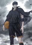  1boy absurdres armband ball basketball_(object) basketball_jersey basketball_uniform black_armband black_cloak black_eyes black_hair black_shorts black_tank_top chamuring choi_jongsu cloak debris feet_out_of_frame garbage_time grey_sky highres holding holding_ball looking_at_viewer male_focus short_hair shorts sky solo sportswear tank_top toned toned_male 