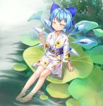  barefoot blue_bow blue_eyes blue_hair blue_sash bow breasts check_commentary cirno closed_eyes commentary commentary_request dango fairy_wings floral_print flower_brooch food forest god_mang hair_bow highres holding holding_food ice ice_wings japanese_clothes kimono lily_pad nature official_alternate_costume sash short_hair sitting small_breasts smile soaking_feet sunflower_print toes touhou touhou_cannonball wagashi white_kimono wings yukata 