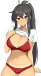  1girl arm_at_side bikini_tan black_hair blue_eyes bra breasts cleavage closed_mouth clothes_lift commentary_request cowboy_shot floral_print hair_between_eyes hair_intakes hair_ribbon hand_on_own_chest hand_up high_ponytail highres homura_(senran_kagura) lace-trimmed_bra lace-trimmed_panties lace_trim large_breasts lifted_by_self long_hair looking_at_viewer navel no_pants panties ponytail print_bra print_panties red_bra red_panties ribbon senran_kagura shirt shirt_lift short_sleeves sidelocks simple_background sitting smile solo stomach surippa1010 tan tanlines underwear very_long_hair white_background white_ribbon white_shirt 