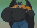  anthro bat big_butt big_muscles big_pecs black_body black_fur black_nipples blue_bottomwear blue_clothing blue_pants bottomwear brown_eyes butt clothed clothing clothing_lift fur grey_body grey_fur hi_res huge_muscles huge_pecs hyper_pecs male mammal multicolored_body multicolored_fur muscular muscular_anthro muscular_arms muscular_male nipples orange_clothing orange_shirt orange_topwear pants pecs shirt shirt_lift solo sonicgamer tight_clothing topwear wings zylo_(sonicgamer) 