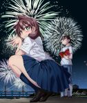  1boy 1girl amano_megumi amano_megumi_wa_suki_darake! artist_name black_footwear blue_skirt blue_socks blush book brown_hair fireworks glasses green_eyes hair_between_eyes holding holding_book loafers long_hair looking_at_viewer nekoguchi night night_sky own_hands_together pleated_skirt rectangular_eyewear road shindou_manabu shirt shoes short_sleeves signature skirt sky smile socks squatting standing star_(sky) thick_thighs thighs white_shirt 