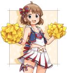  1girl ahoge armband bare_shoulders blue_eyes blush brown_hair collarbone cropped_jacket cropped_shirt grid_background hair_ornament highres holding holding_pom_poms hood hood_down idolmaster idolmaster_million_live! idolmaster_million_live!_theater_days looking_at_viewer midriff navel open_mouth pleated_skirt pom_pom_(cheerleading) ribbon roku_kyuu short_hair simple_background skirt smile solo standing suou_momoko thigh_strap 