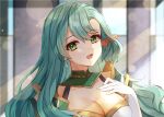  1girl aqua_hair armor breasts chloe_(fire_emblem) cleavage commentary edamameoka fire_emblem fire_emblem_engage gloves highres large_breasts shoulder_armor solo upper_body white_gloves 