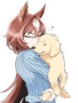  1girl animal animal_ears blue_shirt brown_hair closed_eyes dog ear_ornament english_commentary from_side hair_between_eyes heart highres holding holding_animal holding_dog horse_ears horse_girl kiss kissing_animal long_hair multicolored_hair official_alternate_costume panipuri shirt simple_background sirius_symboli_(umamusume) solo streaked_hair striped striped_shirt umamusume upper_body very_long_hair white_background white_hair 