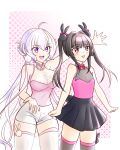  2girls ahoge axia-chan bare_shoulders black_hair black_skirt black_thighhighs blunt_bangs blush breasts cleavage cowboy_shot hair_ornament highres large_breasts long_hair looking_ahead multiple_girls open_mouth pink_eyes purple_eyes senki_zesshou_symphogear shorts skirt small_breasts smile standing teeth thighhighs tsukuyomi_shirabe twintails upper_teeth_only white_shorts white_thighhighs yukine_chris 