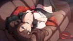  absurdres belt_buckle black_gloves black_shorts black_thighhighs blue_eyes breasts brown_hair buckle cleavage closed_mouth couch female_commander_(girls&#039;_frontline) fur-trimmed_shorts fur_trim girls&#039;_frontline gloves hair_ribbon hat highres jacket journey_in_the_auspicious_snow_(girls&#039;_frontline) knees_up large_breasts light_particles long_hair looking_at_viewer looking_back on_couch original red_headwear red_jacket red_ribbon ribbon shirt short_sleeves shorts smile termichan_(not-a-bot) thighhighs twintails unworn_hat unworn_headwear unworn_jacket upside-down very_long_hair white_shirt wo_you_yibei_jia_wanli 