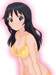  1girl absurdres black_hair blue_eyes blush bra breasts cleavage closed_mouth commentary freckles girls_und_panzer gogopaint highres leaning_forward long_hair looking_at_viewer medium_breasts navel panties smile solo underwear underwear_only upper_body yamagou_ayumi yellow_bra yellow_panties 