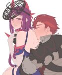  1boy 1girl absurdres armor bare_shoulders closed_eyes couple detached_sleeves diamant_(fire_emblem) dress ebinku elbow_gloves fascinator fire_emblem fire_emblem_engage fur_trim gloves hetero highres ivy_(fire_emblem) long_hair looking_at_another mole mole_under_mouth purple_eyes purple_hair short_hair shoulder_armor sleeveless sleeveless_dress white_background white_gloves 