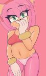  amy_rose anthro bodily_fluids bra clothing covering covering_mouth eulipotyphlan female hedgehog hi_res mammal navel panties pink_body sega sh1vss simple_background solo sonic_the_hedgehog_(series) sweat underwear 