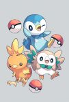  blue_eyes bright_pupils commentary_request grey_background highres looking_at_viewer one_eye_closed open_mouth piplup poke_ball poke_ball_(basic) pokemon rowlet simple_background teru_(245_neko) tongue torchic white_pupils 