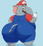  2023 absurd_res anthro big_butt blue_background blue_clothing blue_eyes blue_overalls bottomwear brown_mustache butt clothed clothing colossalstars digital_media_(artwork) elephant elephant_mario elephantid facial_hair gesture gloves grey_body grey_ears grey_nose grey_tail handwear hat headgear headwear hi_res huge_butt long_nose looking_at_viewer looking_back male mammal mario mario_bros mustache nintendo obese obese_anthro obese_male on_ground overalls overweight overweight_anthro overweight_male proboscidean red_clothing red_hat red_headwear red_shirt red_t-shirt red_topwear shirt simple_background solo standing super_mario_bros_wonder t-shirt tail thick_thighs thumbs_up topwear white_clothing white_gloves white_handwear 