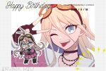  108_(toowa) 1girl :p antenna_hair barbed_wire black_choker blonde_hair blue_eyes brown_gloves character_name chibi choker danganronpa_(series) danganronpa_v3:_killing_harmony dated fingerless_gloves gloves goggles goggles_on_head hair_between_eyes happy_birthday high_heels highres iruma_miu long_hair miniskirt multiple_views o-ring pink_shirt pink_skirt pleated_skirt sailor_collar shirt skirt tongue tongue_out v white_sailor_collar 