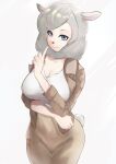  1girl alpaca animal_ears blue_eyes breasts brown_dress cleavage dress furry grey_hair highres index_finger_raised large_breasts odd_taxi shirakawa_miho simple_background smile solo standing tail white_background yana-ma 