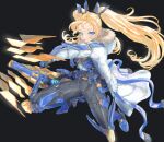  1girl absurdres armor armored_bodysuit armored_boots armored_gloves armored_legwear bandaid bandaid_on_cheek bandaid_on_face black_background black_bodysuit blonde_hair blue_eyes bodysuit boots chest_armor coat elazale energy_cannon floating full_body fur_collar goddess_of_victory:_nikke headgear highres holding holding_weapon laplace_(nikke) laser_cannon long_hair looking_at_viewer parted_lips sidelocks simple_background solo squatting twintails two-handed two-tone_gloves weapon white_coat 