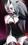  2023 anthro breasts canid canid_demon clothed clothing demon female fur grey_body grey_fur hellhound helluva_boss hi_res looking_at_viewer loona_(helluva_boss) mammal multicolored_body multicolored_fur panties solo tailtrance underwear white_body white_fur 