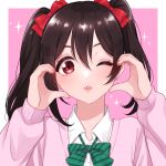  1girl black_hair border bow bowtie cardigan collared_shirt commentary_request diagonal-striped_bow finger_to_cheek fingernails green_bow green_bowtie hair_between_eyes hair_bow hands_up heart heart_hands highres lips long_sleeves looking_at_viewer love_live! love_live!_school_idol_project medium_hair mogggggge one_eye_closed otonokizaka_school_uniform outside_border parted_lips pink_background pink_cardigan portrait red_bow red_eyes school_uniform shirt simple_background smile solo sparkle twintails white_border white_shirt yazawa_nico 