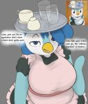  2023 anthro avian beak big_breasts bird blue_body blue_feathers breasts clothing container countershade_face countershading cup digital_media_(artwork) english_text feathers female generation_4_pokemon hi_res looking_up looking_up_at_viewer maid_uniform malinda_(plantedpot) nintendo object_on_head penguin piplup plantedpot pokemon pokemon_(species) redraw serving_tray solo tea_cup text uniform white_body white_feathers 