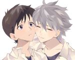  2boys brown_hair closed_eyes closed_mouth en_(54650890) grey_hair happy highres ikari_shinji multiple_boys nagisa_kaworu neon_genesis_evangelion sad school_uniform simple_background smile tears tokyo-3_middle_school_uniform white_background yaoi 