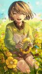  1girl blue_sky brown_shorts bug butterfly chara_(undertale) chikuwaseijin closed_eyes field flower flower_field head_wreath highres jewelry kneeling locket medium_hair pendant shorts sky smile sweater undertale 