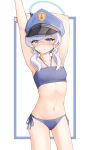  1girl absurdres arms_up bikini blue_archive blue_bikini blue_eyes blue_halo blue_headwear blush closed_mouth cowboy_shot fang flat_chest grey_hair halo hat highres long_hair navel peaked_cap ricke_2002 side-tie_bikini_bottom skin_fang solo swimsuit valkyrie_police_academy_student_(blue_archive) 