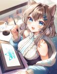  1girl :d animal_ears bare_shoulders black_skirt blue_eyes blue_jacket blush braid brown_hair cat_ears cat_girl center_frills coffee_mug collared_shirt commentary_request cup drawing_tablet fang fish_hair_ornament frilled_shirt frills from_above hair_between_eyes hair_ornament high-waist_skirt highres holding holding_stylus ichiyume_ichiyu jacket long_sleeves looking_at_viewer medium_hair monitor mug off_shoulder open_mouth original raised_eyebrows shirt shirt_tucked_in sidelocks skin_fang skirt sleeveless sleeveless_shirt smile solo sticky_note stylus x_hair_ornament 