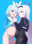  2girls arona_(blue_archive) ass big_belly black_choker black_eyes black_hairband black_pantyhose black_serafuku blue_archive blue_background blue_eyes blue_hair blue_halo blue_serafuku blue_shirt bow_hairband braid choker colored_inner_hair commentary_request hair_over_one_eye hairband halo highres holding_hands interlocked_fingers light_blue_hair long_hair multicolored_hair multiple_girls navel neckerchief panties pantyhose plana_(blue_archive) pregnant red_halo red_pupils ribbon sailor_collar school_uniform serafuku shirt short_hair single_braid striped striped_panties taji_(crowview) underwear very_long_hair white_choker white_hair white_hairband white_neckerchief white_ribbon white_sailor_collar 