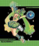  1girl blonde_hair breasts confetti full_body grass_miku_(project_voltage) green_eyes green_hair green_skirt hair_ornament hatsune_miku highres holding holding_pom_poms kneehighs long_hair multicolored_hair musical_note musical_note_hair_ornament open_mouth poke_ball poke_ball_(basic) pokemon pom_pom_(cheerleading) project_voltage shoes short_sleeves sidelocks skirt small_breasts socks solo suuroku twintails very_long_hair vocaloid white_footwear x_hair_ornament 