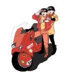  1boy 1girl akira back_to_the_future goggles goggles_on_head jacket kaneda_shoutarou&#039;s_bike kaneda_shoutarou_(akira) kei_(akira) open_mouth pants red_footwear red_jacket red_pants shadow short_hair simple_background sticker tora0820 white_background 
