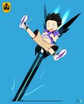  1boy blue_background brown_shorts child clothes_lift falling floating_hair holding_strap jetpack lightning looking_down male_focus mechanical_wings midair midriff_peek navel noeyebrow_(mauve) open_mouth original purple_shirt science_fiction shirt shirt_lift shoelaces shoes shorts simple_background sneakers solo spread_legs tears thrusters wide_spread_legs wings 