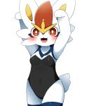  anthro blush breasts cinderace clothed clothing female generation_8_pokemon hi_res looking_at_viewer nintendo open_mouth pokemon pokemon_(species) red_eyes simple_background solo sum white_background white_body 