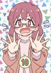  1girl bangs blush commentary dot_nose finger_counting flying_sweatdrops glasses hair_between_eyes jacket long_hair long_sleeves murosaki_miyo nekotoufu official_art onii-chan_wa_oshimai! open_hands open_mouth purple_eyes semi-rimless_eyewear simple_background solo spoken_number under-rim_eyewear wavy_mouth 