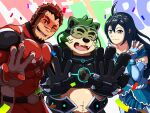  akashi_(live_a_hero) anthro belly blush canid canine canis crown domestic_dog eyebrows female fur green_body green_fur group headgear hi_res human lifewonders live_a_hero male mammal mokdai muscular muscular_human muscular_male navel nnyaztasft252 overweight smile sui_(live_a_hero) superhero thick_eyebrows tiara trio visor 