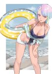  1girl absurdres beach bigroll blue_eyes blue_hair blue_one-piece_swimsuit border breasts cyberpunk_(series) cyberpunk_edgerunners highres leaning_forward legs lucy_(cyberpunk) multicolored_hair one-piece_swimsuit shorts smile solo streaked_hair sweat swimsuit unzipped white_border white_shorts 