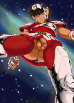  1boy aizenhower armor armored_boots ass bara black_hair boots brown_eyes chest_armor clenched_hand fingerless_gloves from_below gloves helmet large_pectorals male_focus male_pubic_hair muscular muscular_male pectorals pegasus_seiya penis perspective pubic_hair red_shirt saint_seiya shirt short_hair shoulder_armor smile solo testicles 