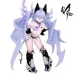  1girl animal_ears bandaid bandaids_on_nipples black_tail blue_hair claws collar crossed_bangs fang flat_chest full_body hands_on_own_hips light_blue_hair long_hair looking_at_viewer metal_collar original parted_lips pasties simple_background solo twintails vlm_(_killing_me_) white_background yellow_eyes 