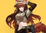 1girl 2023 :d animal_ears arknights arm_up black_shorts blue_sealad blush breasts brown_eyes brown_hair crop_top ears_through_headwear franka_(arknights) franka_(rainforest_me_rainbow)_(arknights) hair_between_eyes jacket large_breasts layered_sleeves long_hair long_sleeves looking_at_viewer midriff navel shirt short_over_long_sleeves short_sleeves shorts simple_background smile solo tail very_long_hair watermark white_headwear white_jacket white_shirt yellow_background 