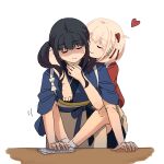  2girls :3 anger_vein arm_support black_hair blonde_hair blue_kimono blush bob_cut chinese_commentary closed_eyes closed_mouth commentary_request fafayu hair_ribbon heart highres hug hug_from_behind inoue_takina japanese_clothes kimono long_hair lycoris_recoil multiple_girls nishikigi_chisato official_alternate_costume one_side_up red_kimono red_ribbon ribbon sidelocks simple_background twintails white_background yuri 