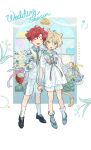  2boys aged_down amagi_hiiro animal_ears balloon bell bird blonde_hair border bouquet bow cage cat_boy cat_ears cat_tail choker closed_eyes collared_shirt commentary dog_boy dog_ears dog_tail ensemble_stars! full_body green_eyes heart_balloon holding holding_bouquet holding_cage holding_hands jewelry long_sleeves male_child male_focus multiple_boys open_mouth outside_border red_hair ring seuga shiratori_aira_(ensemble_stars!) shirt short_hair shorts socks tail white_border white_socks window yellow_bow 