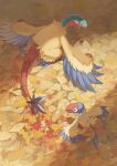  absurdres animal_focus archen archeops autumn_leaves bird blue_feathers commentary_request feathered_wings feathers from_above furukawa_raku highres leaf maple_leaf no_humans open_mouth pokemon pokemon_(creature) sharp_teeth tail teeth wings yellow_feathers 