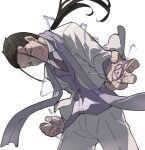  1boy black_hair electricity fullmetal_alchemist hair_strand jacket long_hair long_sleeves looking_at_viewer male_focus necktie pants ponytail purple_scarf scarf shimazaki1152 shirt simple_background smile solf_j._kimblee solo vest white_background white_jacket white_pants white_shirt 