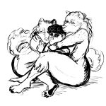  2023 anthro canid canine digital_drawing_(artwork) digital_media_(artwork) embrace female gesture group herrkennstalles hug human larger_female looking_at_viewer male male/female mammal middle_finger monochrome simple_background sitting size_difference sketch smaller_male thick_thighs trio 